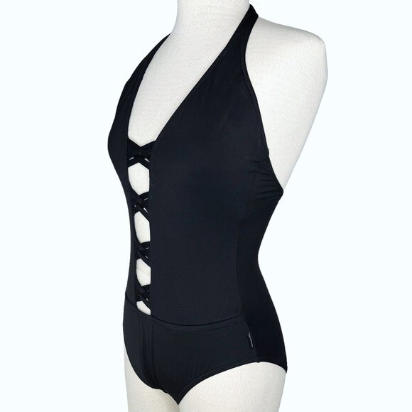 Kenneth Cole New York One Piece Swimsuit sz S * Black Cage Front Halter Peekaboo - Picture 2 of 8